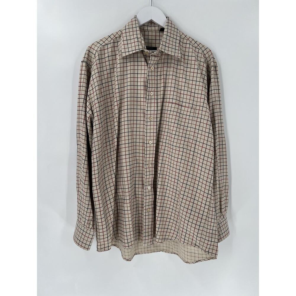 Burberry Button Down Mens Large Beige Dress Shirt Vintage Grid Check Long Sleeve
